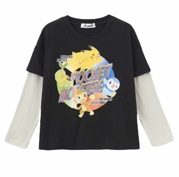 ポケモン 長袖 Tシャツ ロンT レイヤード 重ね着風 ピカチュウ ナエトル ポッチャマ ヒコザル ブラック 120 レア 希少品