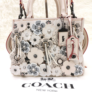 鑑定済 COACH コーチ ティーローズ25 ハンドバック ショルダーバッグ トートバッグ 花柄 2way レザー ホワイト レディース C-19 