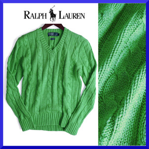 新品本物ラルフローレンRALPH LAUREN【高級感◎シルク100％ケーブル編み】装い華!!大人のニットVネックセーター/メンズ/緑/サイズS