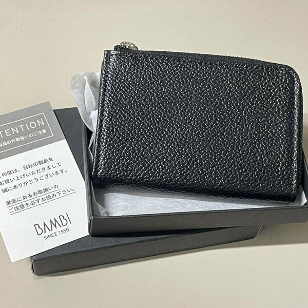 未使用品　MATSUSAKA LEATHER松坂レザー 小銭入れ コインケース ブラック 黒　L字ファスナー ウォレット 本革　シボ　BAMBI バンビ