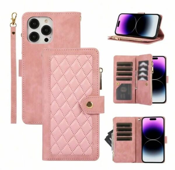 新品 iPhone15 携帯ケース スマホケース 手帳型 小銭入れ ピンク