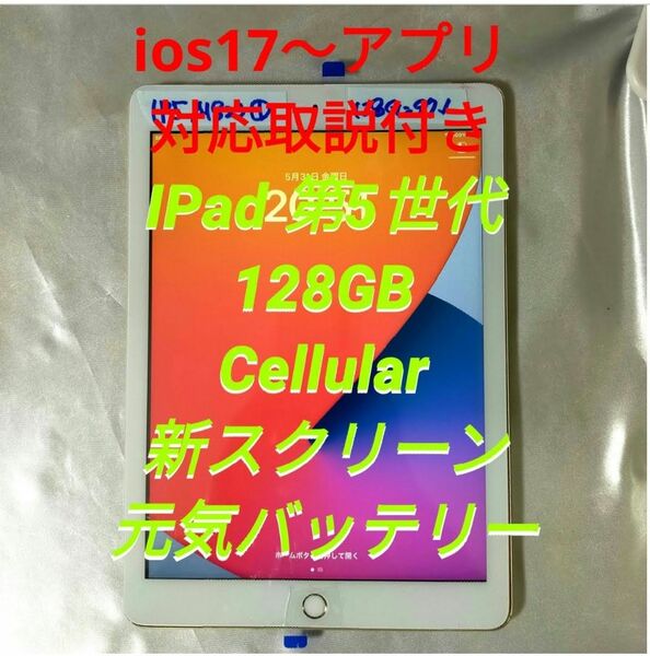 【正常動作品】IPad 5 第5世代 ① 128GB 《ios17アプリ対応取説付》新品スクリーン 元気バッテリー SIMフリー