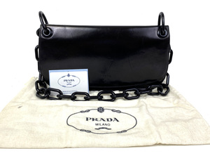 1円スタート 【PRADA プラダ】 ロゴ プラチェーンショルダーバッグ レザー ブラック 肩がけ マグネットロック