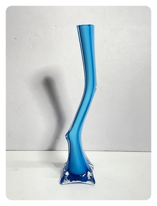 ● コレクター必見 ガラス製 フラワーベース 花瓶 高さ約40cm ブルー 花入 インテリア 飾り ディスプレイ コレクション Ja114