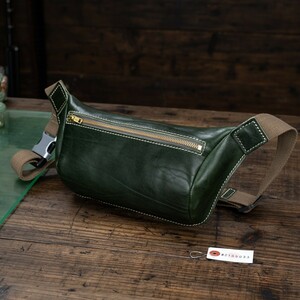 [ new goods ] original leather men's body bag sling bag belt bag Mini shoulder bag unused free shipping 1 jpy green green rice field middle leather .