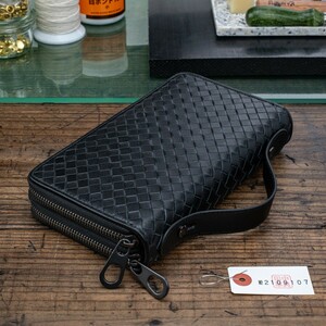 [ new goods ] sheep leather knitting mesh knitting long wallet men's double fastener round fastener original leather 1 jpy black black rice field middle leather .