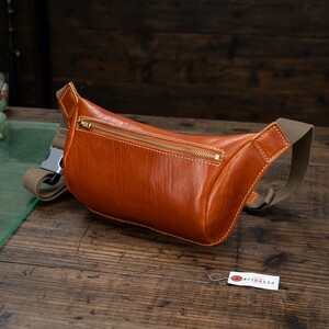 [ new goods ] original leather men's body bag sling bag belt bag Mini shoulder bag unused free shipping 1 jpy Brown tea rice field middle leather .