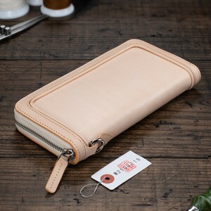 [ new goods ] original leather full leather men's long wallet round fastener free shipping unused 1 jpy piping hand made natural color natural rice field middle leather .