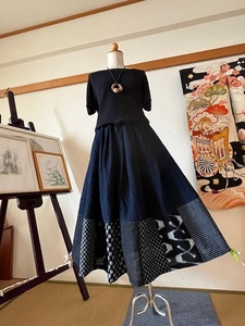 5138/ is . is . san Indigo .& Kurume ./ hand dyeing nature dyeing, Indigo .. .. dyeing & Kurume .. skirt ~! cloth enough ~! kimono remake ~