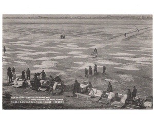 戦前絵葉書 満州 哈爾濱 鏡の如く坦々たる松花江の結氷と橇の群 風景 風俗