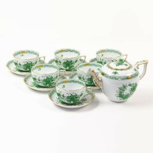 HEREND HVNGARY Herend India. . gold paint tea cup & saucer 6 customer teapot green ceramics Western-style tableware together 7 point set #18513