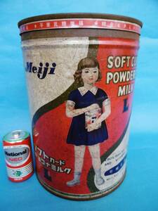  that time thing * girl ./ Meiji kona milk / soft card L/ tin plate empty can * former times commodity Showa Retro *