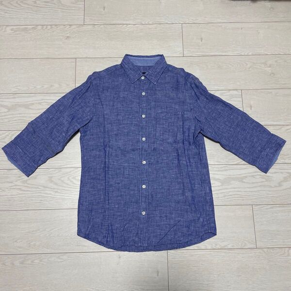 COMME CA ISM コムサイムズ 麻七分丈シャツ ネイビー Sサイズ