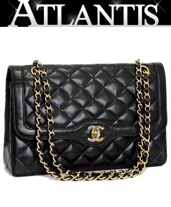 シャネル CHANEL マトラッセ25 パリ限定 Wフラップ チェーンショルダーバッグ ラムスキン 黒 G×SV金具 2番 【64997】