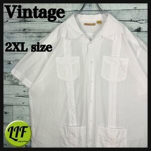 ヴィンテージ 刺繍デザイン 4ポケット 半袖 開襟キューバシャツ ホワイトXXL