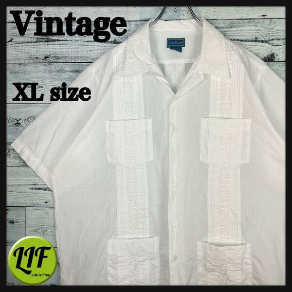 ヴィンテージ 刺繍デザイン 4ポケット 半袖 キューバシャツ ホワイト XL
