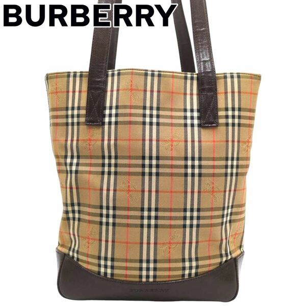 良品 BURBERRY バーバリー　肩掛け　トートバッグ　ノバチェック　シャドーホース　ブラウン　ベージュ系 キャンバス レザー 