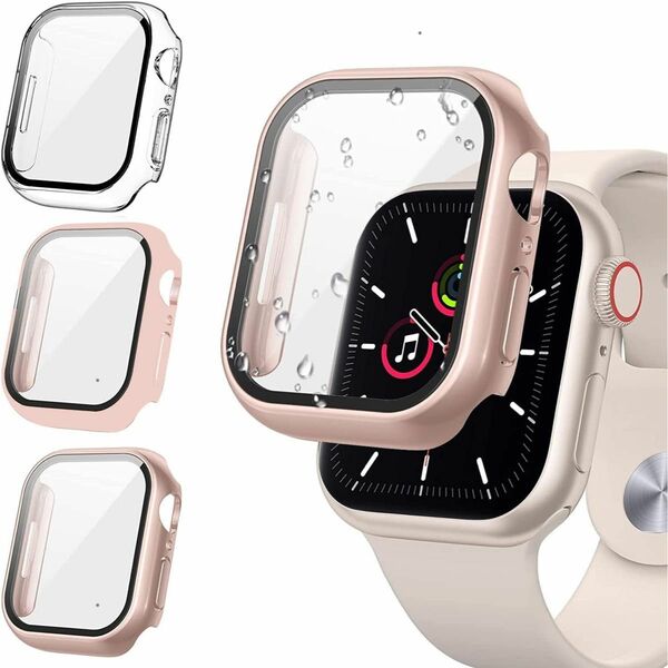 アップルウォッチ7/ 8 ケース Apple Watch 45mm PC素材バンパーと9H強化ガラスフィルム画面 ローズゴールド