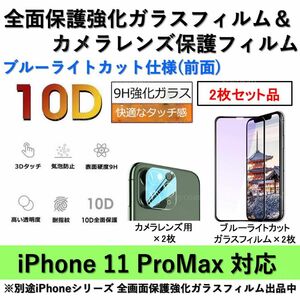 iPhone11ProMax対応 ブルーライトカット全面保護強化ガラスフィルム&背面カメラレンズ用透明強化ガラスフィルムセット2式
