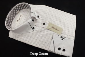 73【DeepOcean】ボタンダウン・綿高率混形態安定長袖シャツ/細身体/グレー系とブラウンの格子/襟回り40㎝-裄丈84㎝