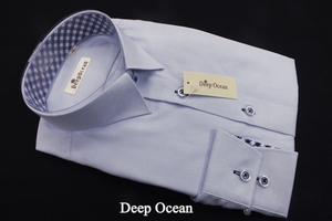 81【DeepOcean】ショートポイント・綿高率混形態安定長袖シャツ/細身体/サックス系無地感覚/襟回り40㎝-裄丈84㎝