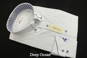 44【DeepOcean】ボタンダウン・綿高率混形態安定長袖シャツ/細身体/ホワイト地にグレー系の格子/41-84