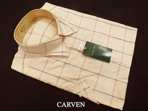 74【CARVEN】 カルバン　パリ・レギュラーカラー・さらっとした綿100％ 半袖シャツ・オレンジ系の格子・M寸