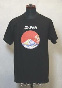 3【むかしむかし】日本製立体プリント入り/ 和柄 綿100% 半袖Tシャツ/ブラック系/M寸