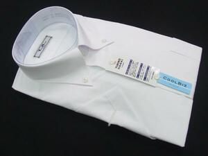 【ユキコ・ハナイ】ボタンダウン・普通体・機能性繊維使用・綿高率混半袖ホワイトシャツ無地・襟廻り44cm