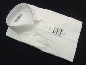 【ユキコ・ハナイ】ワイドカラー・普通体・機能性繊維使用・麻混半袖ホワイトシャツ無地・襟廻り44cm