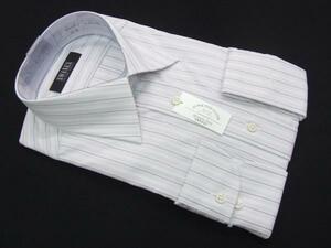 6【SWANEX】レギュラーカラー・綿高率混 長袖ドレスシャツ/ライトグレーの縞/差をつけるカウス部分に”Ｇ”刺繍/襟回り43㎝-裄丈82㎝