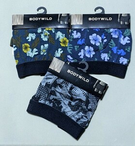 新品(L)グンゼBODYWILD ボクサーパンツ3枚 アンダーウェア 花柄　前とじ　綿混　吸汗速乾