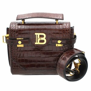 ★E2169 美品!! バルマン B-Buzz 23 クロコエンボス カーフレザー 2WAYバッグ ハンド・ショルダー ダークブラウン BALMAIN レディース★