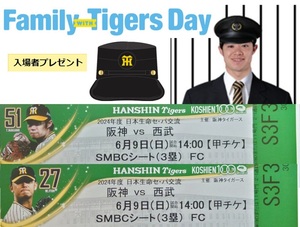  Hanshin Koshien 6/9( day ) Hanshin Tigers vs Seibu lion zSMBC3. side ticket 2 pieces set station member cap present suspension compensation have 