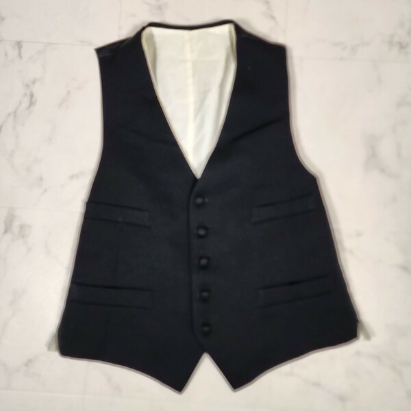 Y6 美品 Lonner ロンナー メンズ ベスト/ジレ モーニングコート 大きめサイズ フォーマル 黒 無地 ウール シルク 絹