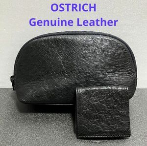 【ws550】美品 オーストリッチ 本革 ポーチ 小銭入れ 2点セット 黒 OSTRICH Genuine Leather