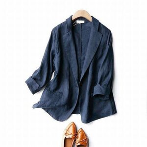 夏 リネンジャケット レディース 綿麻ジャケット 白 紺色 グレー OL 通勤 サマージャケット 7分袖 カジュアルジャケット ブルー M
