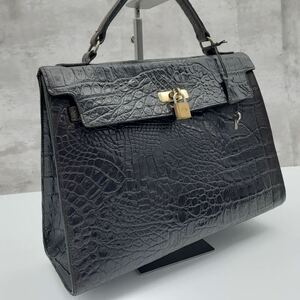 【美品】Mulberry マルベリー ハンド バッグ クロコダイル 型押し ダークブラウン 茶 カデナ ゴールド金具 鍵 レザー 革 ミラー 鏡