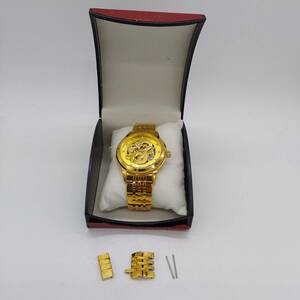 【稼働品】ゴールド×ゴールド色 龍神モチーフ 機械式 自動巻き メンズ腕時計 ケース コマ付 (6287