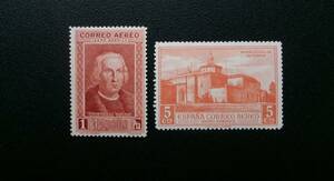 スペイン発行 クリストファー・コロンブスや修道院などアメリカ発見・航空郵便用切手 ２種 未使用