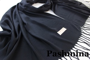 新品 アウトレット【Pashmina パシュミナ】無地 Plain 大判 中薄手 ストール BLACK 黒 ブラック Cashmere カシミア100%