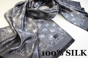 新品【SILK シルク100%】エレファント 象 ペイズリー柄 大判 薄手 ストール/スカーフ ブラック系 シルバー