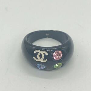 1 jpy ~ 4* CHANEL ring ring accessory Chanel finger gem color stone pink green blue Logo inside diameter approximately 1.7cm black lady's accessory 