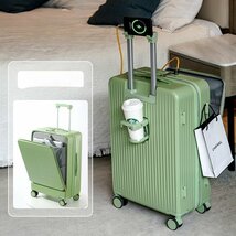スーツケース キャリーケース 多機能 小型 usbポート/カップホルダー付き 軽量 静音 軽い 短期出張 旅行 22inch グリーン 707　_画像1