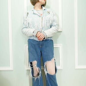 USA VINTAGE patty SHORT LENGTH FRINGE DENIM RIDERS JACKET/アメリカ古着フリンジデザインデニムライダースジャケット