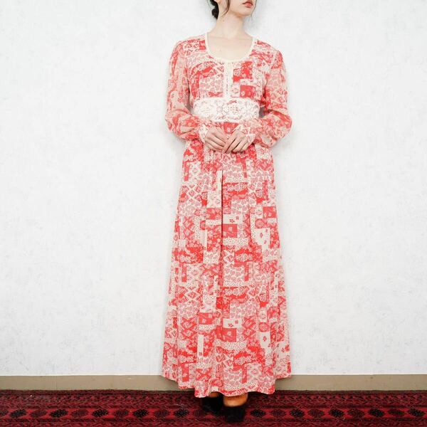 *SPECIAL ITEM* 70’s USA VINTAGE FLOWER PATTERNED LACE DESIGN LONG ONE PIECE/70年代アメリカ古着花柄レースデザインロングワンピース