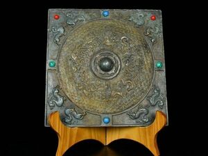 【瓏】古青銅鏨刻彫 嵌玉対獣紋銅鏡 戦國時期 古置物擺件 青銅器 中国古賞物 蔵出