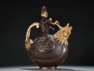 【瓏】古銅鏨刻彫 塗金人物故事執壺 時代物 銅器 古賞物 中国古玩 蔵出