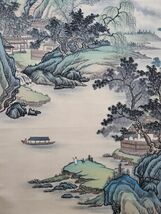 【瓏】「馮超然作 青緑山水図」近代画家 肉筆紙本 真作 掛け軸 書画立軸 巻き物 中国書画 蔵出_画像9