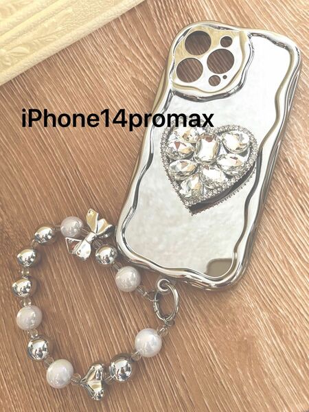 iPhone14promax ハート　ストーン　ミラー　ウェーブ　iphone14プロマックス　新品　送料込み